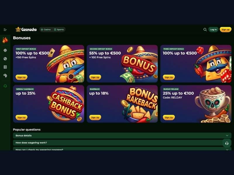 Casinacho Casino (Nacho Casino) Boni: Kompatibilität des Willkommenspakets mit Spielmechaniken und Cashback für jeden Stil